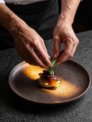 Close overhead study of a chef's hands lowering a garnish onto a dark plated dish, amber studio light raking across the plate surface, deep charcoal counter, one rosemary sprig visible mid-air