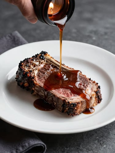Side-angle close-up of a plated dry-aged prime rib slice on a white bone china plate, bone marrow jus poured mid-frame by a gloved hand, amber candlelight reflecting off the sauce, dark linen napkin at edge, charcoal table surface