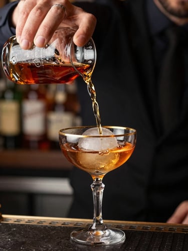 Close-up of a bartender's hands pouring a smoked bourbon Manhattan into a crystal coupe, a large ice sphere already in the glass, amber bar lighting from below, dark back bar bottles blurred in background, champagne gold tones on the glass rim