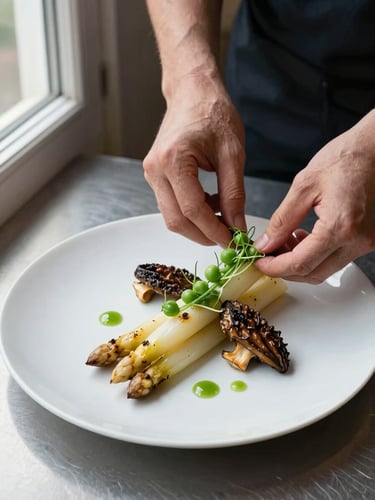 Hands arranging a composed seasonal plate on a restaurant pass — spring pea tendril draped over seared white asparagus, morel mushroom, dots of tarragon emulsion — window light from the left, deep shadow to the right, white china on dark steel surface