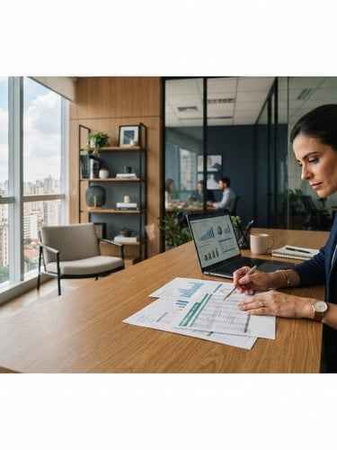 Modern, organized office workspace in São Paulo with soft natural daylight, hands reviewing financial documents on a desk, muted navy and warm wood tones, professional 35mm, wide panoramic 21:9 frame, subject off-center to the right, generous negative space on the left.