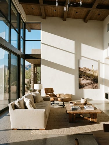 Warm architectural photography of a high-ceilinged desert modern estate living room, crisp sunlight casting sharp geometric shadows on pristine off-white walls, 35mm editorial style