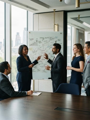 A professional, diverse leadership team in an architectural, sunlit boardroom, discussing strategy over a physical whiteboard, natural window light, deep navy and subtle gold tones, sharp focus, 35mm