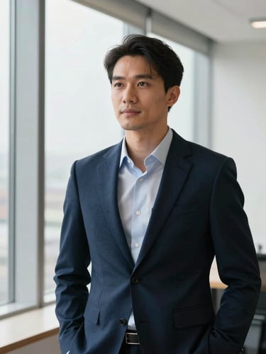 A candid environmental portrait of a confident executive reflecting in a modern, sunlit office space, clean lines, natural window light, deep navy accents, sharp focus, 35mm
