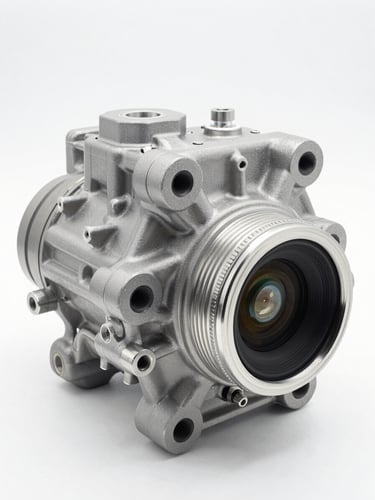 Sharp industrial product photography of a machined metal automotive AC compressor, bright high-key studio lighting, cool metallic tones, crisp details, 50mm lens