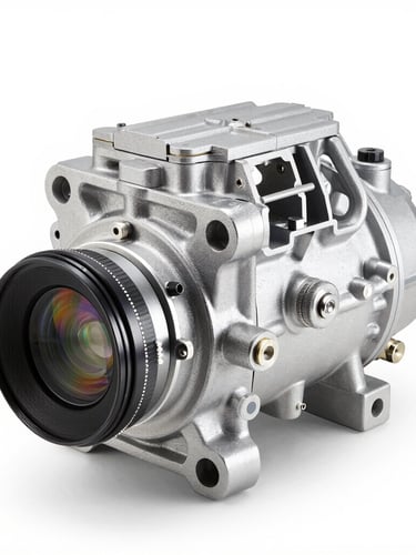 Sharp industrial product photography of an automotive AC compressor assembly line, bright high-key studio lighting, cool metallic tones, crisp details, 50mm lens
