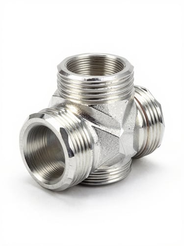 Sharp industrial product photography of a CNC-machined aluminum automotive AC hose fitting, bright high-key studio lighting, cool metallic tones, crisp details, 50mm lens