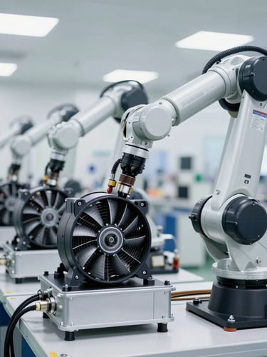 Sharp industrial product photography of a clean factory assembly line with robotic arms assembling automotive cooling fans, cool metallic tones, high-key lighting.