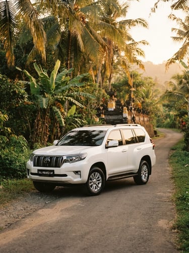 A clean, air-conditioned private SUV parked on a quiet Balinese road lined with lush palm trees, warm golden hour light, soft editorial travel photography style.