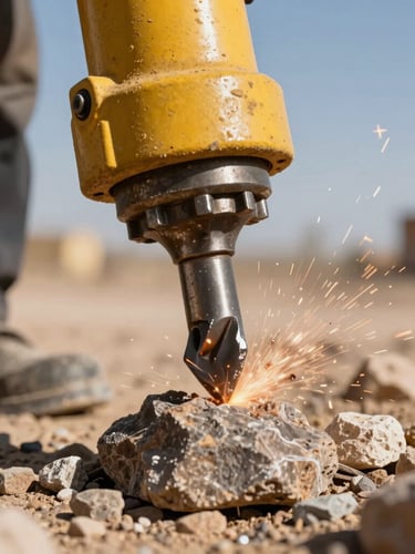 Close-up macro shot of a heavy-duty steel hydraulic breaker chisel striking rock, sparks flying, intense sunlight, industrial yellow and charcoal tones