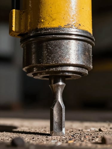 Macro close-up of a steel chisel and piston of a hydraulic breaker, high-contrast workshop lighting with yellow highlights, rugged industrial photography, 35mm.