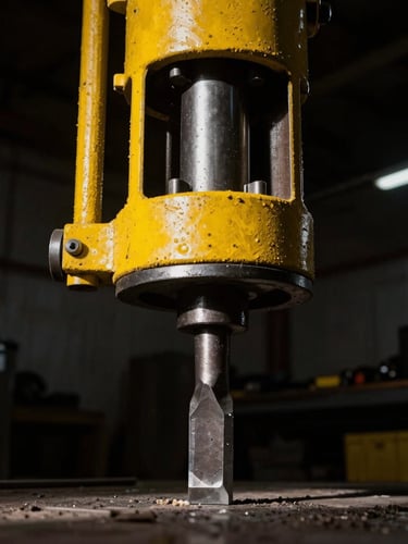 Close-up of a heavy-duty steel chisel and piston mechanism of a hydraulic breaker inside a dark, dramatic workshop with strong yellow lighting highlights, industrial photography.