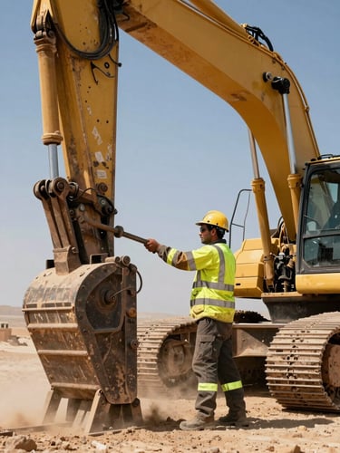Low-angle heroic shot of a heavy excavator hydraulic breaker being serviced by a technician in high-vis safety gear, harsh desert sunlight, dust, industrial yellow highlights, 35mm