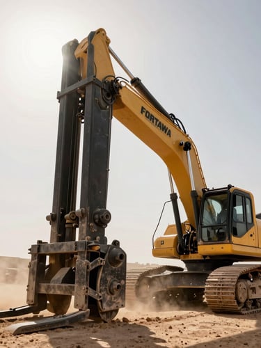 Low-angle heroic shot of a heavy excavator operating a matte black FORKAWA hydraulic breaker on a dusty Saudi construction site, harsh desert sunlight, dust particles in the air, industrial yellow accents, 35mm.