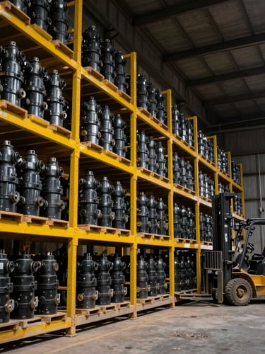 Wide shot of an organized heavy-duty industrial warehouse in Saudi Arabia, towering racks filled with yellow and black metal machinery parts, forklift in the background, high-contrast lighting