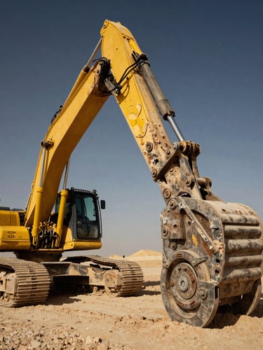 Low-angle heroic shot of a massive hydraulic breaker attached to a heavy excavator on a dusty Saudi construction site, harsh desert sunlight, high-contrast yellow highlights, 35mm.