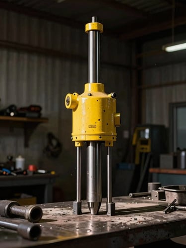 Interior of a heavy machinery workshop, a disassembled hydraulic breaker piston on a steel workbench, dramatic low-key workshop lighting with strong yellow accent highlights, industrial tools, 35mm