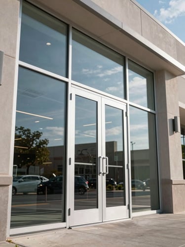 Low-angle shot of newly installed aluminum storefront glass and automatic sliding doors in a modern Houston commercial plaza, clear reflections of bright Texas sky.