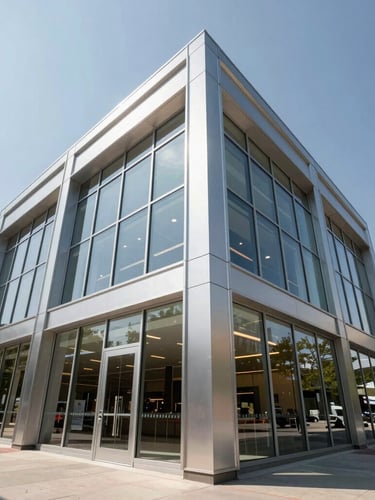 Low-angle wide shot of a newly installed aluminum storefront glass facade in a Houston plaza under bright Texas daylight.