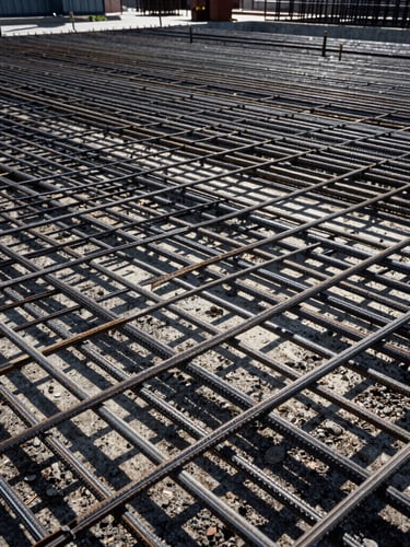 Low-angle heroic shot of a massive structural steel rebar grid laid out for a heavy concrete pour, sharp direct sunlight casting strong geometric shadows