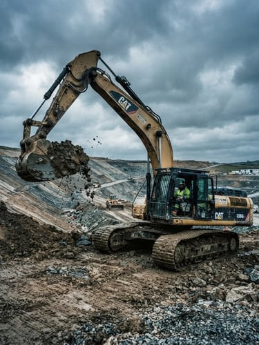 Low-angle heroic shot of heavy earth-moving machinery on a graded civil construction site under overcast dramatic daylight, cool desaturated tones, high contrast
