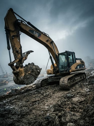 Low-angle heroic shot of a heavy earth-moving excavator on a muddy civil construction site, dramatic morning mist, high-contrast cool desaturated tones, 35mm film style.