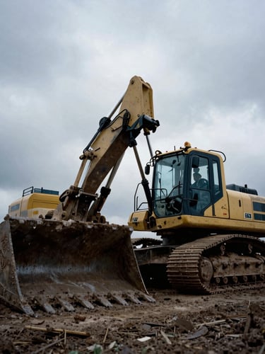 Low-angle heroic shot of heavy earth-moving machinery digging in dramatic overcast daylight, high-contrast cool tones, 35mm film style.