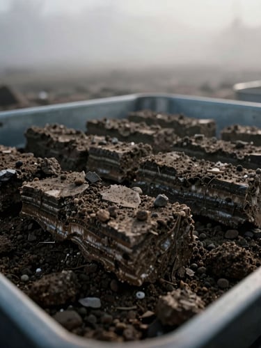 Extreme close-up of raw soil strata core sample in a metal tray on-site, dramatic morning mist, cool desaturated tones, 35mm film style