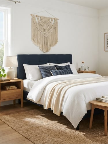Bright editorial interior photography of a fully styled navy blue and oak bedroom set in a sunlit room, soft morning light, 35mm
