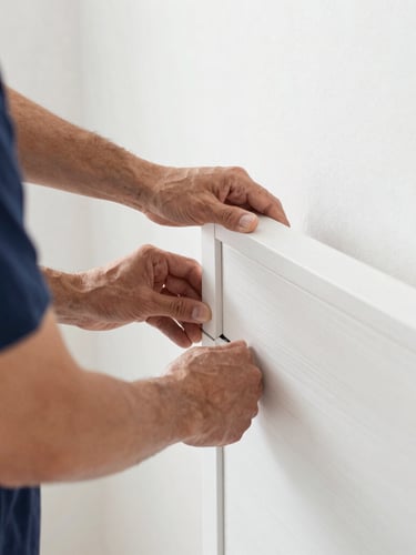 Close-up of professional delivery hands carefully securing a solid wood headboard joint, bright natural morning light, clean white and navy tones