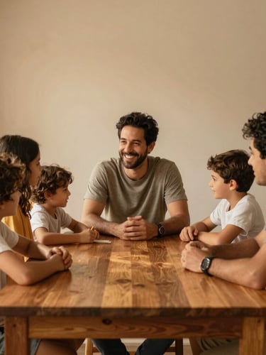 Candid warm-toned photo of Rafael Martins sitting at a wooden table with his family, smiling, soft natural home lighting, authentic documentary style.