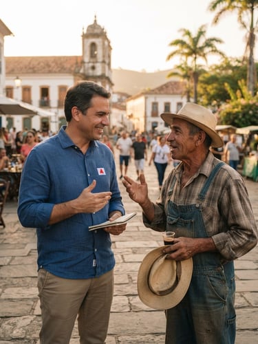 Medium environmental portrait of Representative Rafael Martins talking with a local farmer in a sunny town square in Minas Gerais, warm golden-hour light, soft depth of field.