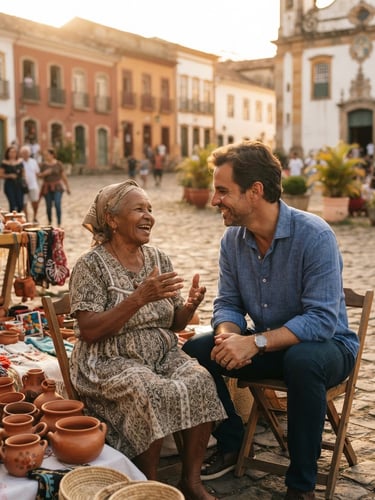 Environmental portrait of Rafael Martins in warm golden hour light, smiling and talking directly with an elderly local artisan in a historic town square of Minas Gerais, soft depth of field.