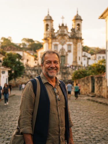 Warm environmental portrait of Rafael Martins smiling, golden-hour natural light, historic baroque church of Minas Gerais softly blurred in the background, rich organic tones, soft depth of field, authentic documentary style