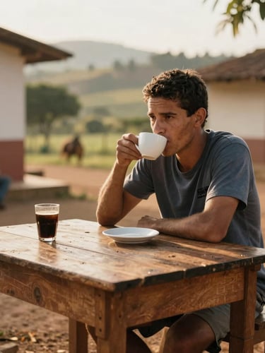 Rafael Martins sitting at a rustic wooden table drinking coffee with local residents in a small Minas Gerais town, warm morning light, soft depth of field, authentic documentary style