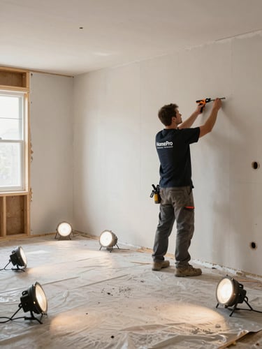 Wide environmental shot of a HomePro crew member in branded work gear installing new drywall panels in a water-damaged room — industrial work lights set on the floor, bare stud framing visible on one wall, floor covered in protective sheeting, natural daylight from a window mixing with the work lights, action framing with tools in hand