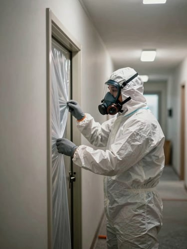 Close environmental shot looking along a hallway where a crew member in Tyvek suit and respirator secures plastic containment sheeting to a doorframe, work lights casting sharp shadows on the wall, job-site conditions evident in framing