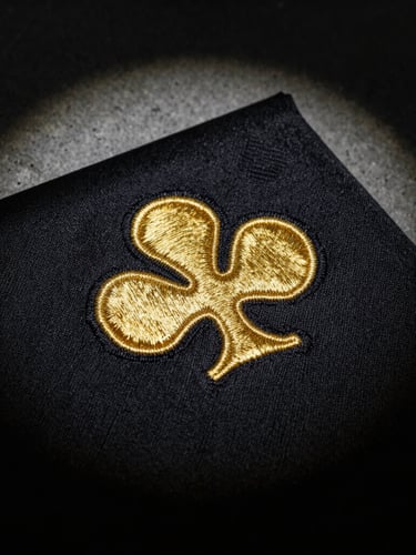 Moody low-key macro photograph of a vintage gold embroidered club crest on textured black fabric, dramatic spotlighting, deep shadows