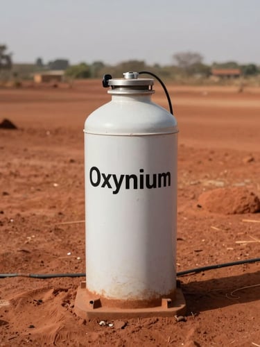 Un conteneur de génération d'oxygène Oxynium installé sur un sol de latérite rouge dans une mine au Sénégal, lumière crue de midi.