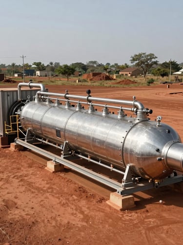 Wide environmental shot of a heavy-duty containerized oxygen generation system on red-dirt industrial terrain in Senegal, harsh midday sun, stainless steel manifolds visible.