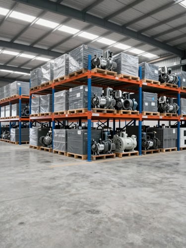 Wide angle photograph of a modern industrial warehouse in Erbil, clean concrete floors, high-bay racking stacked with crated mechanical and electrical equipment, cool daylight streaming from skylights, crisp focus, 35mm