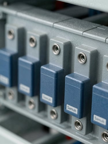 Macro shot of heavy-duty industrial electrical switchgear components in cool slate gray, crisp daylight focus, engineering precision