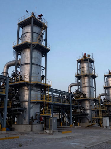 Wide environmental shot of an industrial manufacturing facility in Kurdistan at dawn, cool daylight, steel structures, 35mm crisp focus