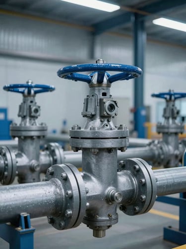 Close-up of industrial steel mechanical valves and piping inside a modern warehouse, cool crisp daylight, sharp technical detail, 35mm