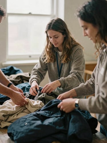 Warm editorial photography of volunteers sorting winter coats under soft natural window light, earthy organic tones, candid 35mm film style.