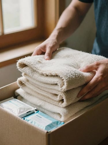 Candid medium shot of volunteer hands carefully packing clean, folded wool blankets and hygiene kits into a sturdy box, warm natural window light, earthy organic tones, 35mm film look