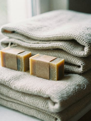 Close-up of neatly folded thick wool blankets and handmade soap bars packaged in simple brown paper, soft natural light, warm organic tones, 35mm film look
