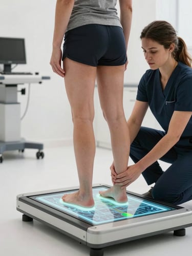 Wide clinical studio frame: Cecilia Borges performing a hands-on gait and foot assessment on a patient standing on a baropodometry platform, viewed from a three-quarter angle — her hands positioned at the patient's hips, analyzing alignment. North-facing daylight, clean shadowless studio environment, anatomically precise framing. The baropodometry platform glows faintly with a pressure-distribution map beneath the patient's feet. Clinical equipment visible in the background. No smiling, no distress — focused, technical.