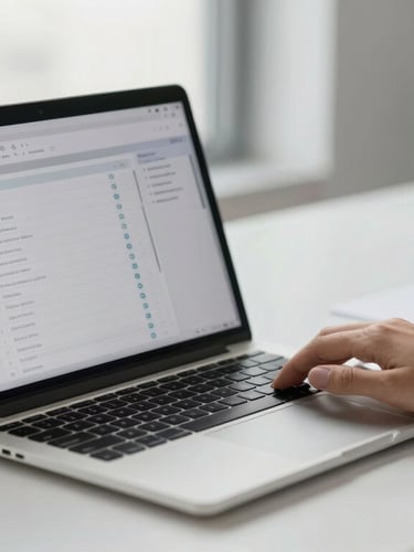 A side-angle view of a clean office desk, a laptop displaying a project management interface with automated task lists, soft natural window light, focused professional environment.