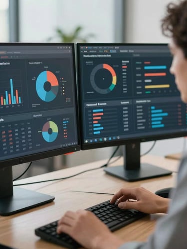Medium close-up of a professional digital marketer analyzing real-time performance dashboards on dual monitors in a bright modern office.